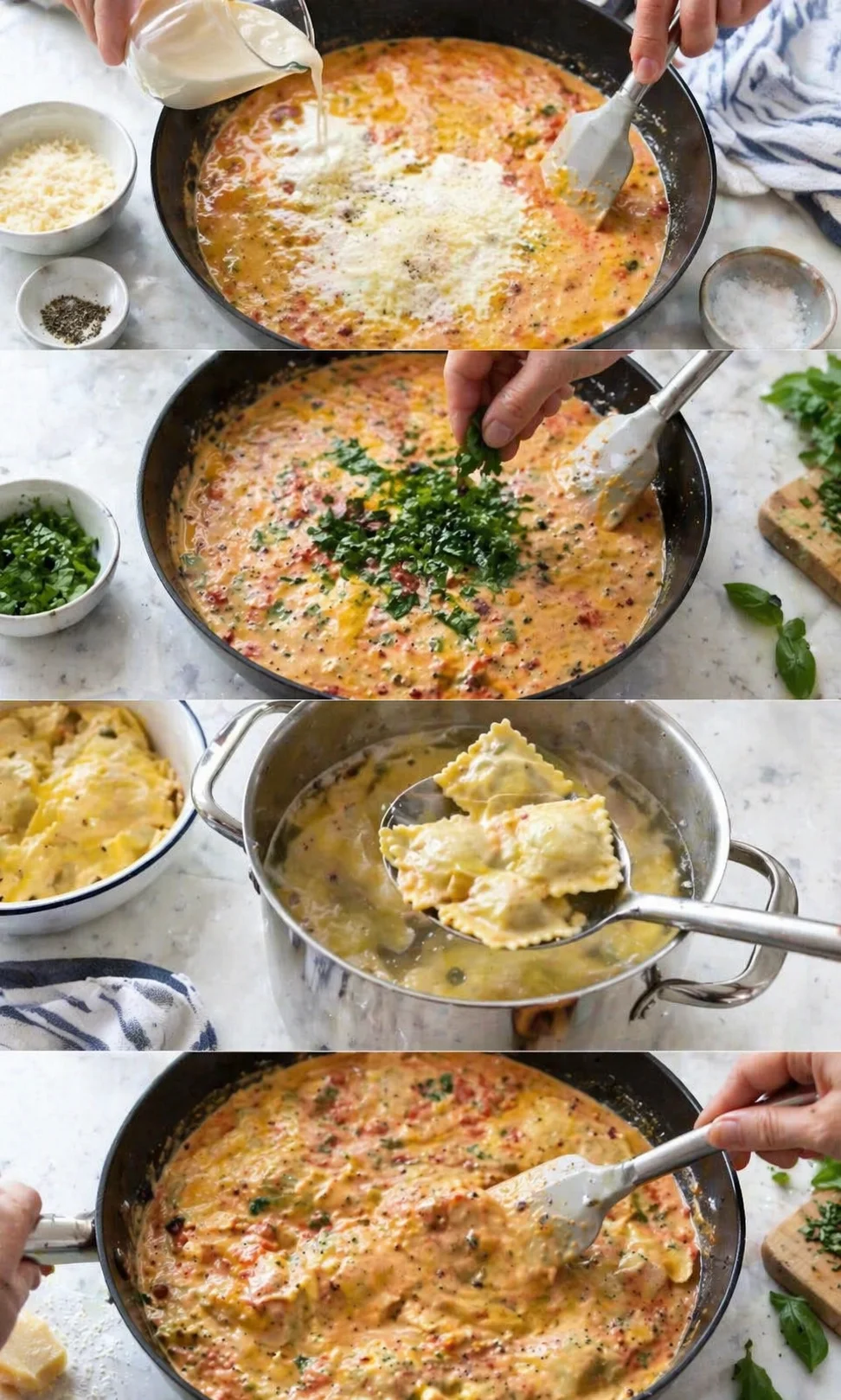 Four-frame collage showing cream pouring into a skillet, parsley being added, and ravioli in a creamy sauce.
