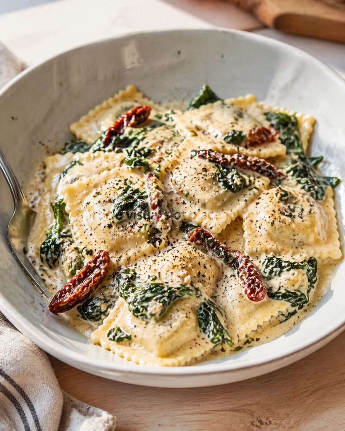 bowl of ravioli in a creamy sauce with spinach and sun-dried tomatoes
