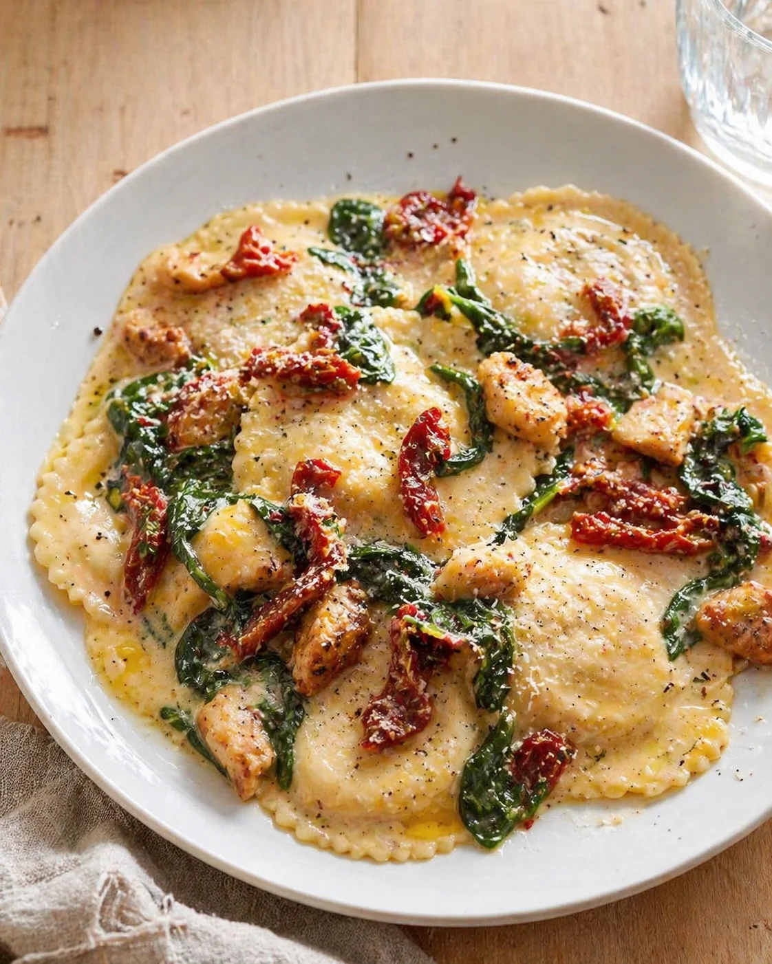 Creamy ravioli on a white plate with spinach and sun-dried tomatoes.