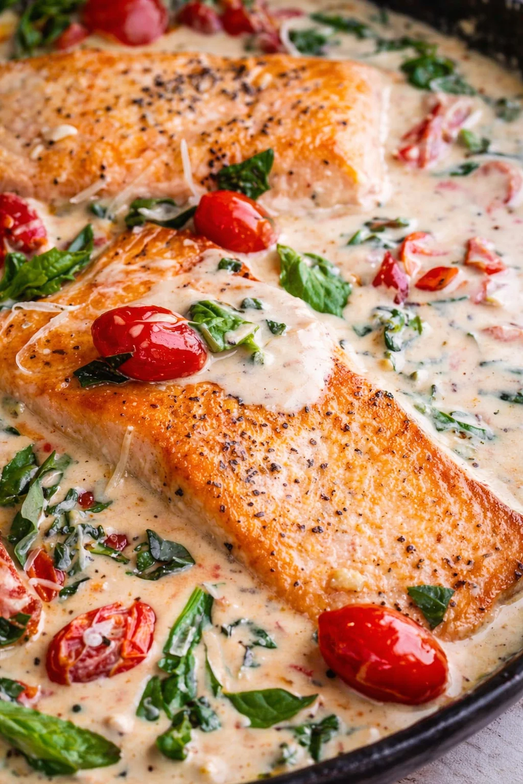 Two pan-seared salmon fillets in creamy herb sauce with cherry tomatoes and greens.