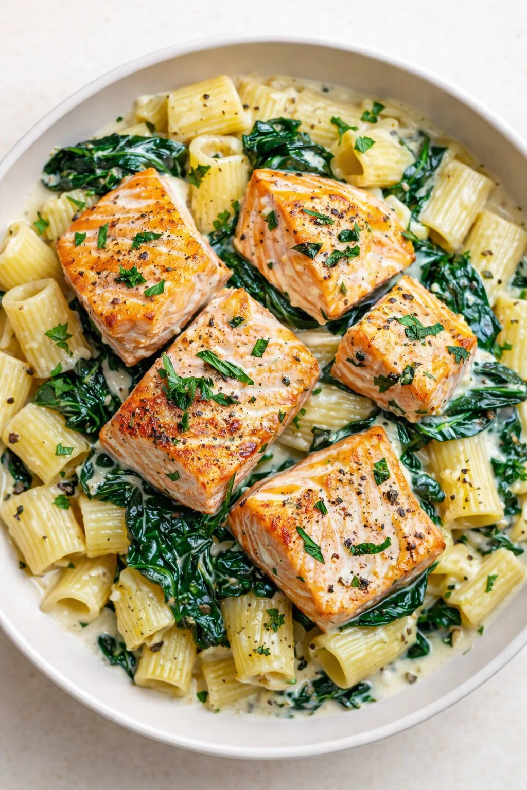 Plated bowl of rigatoni pasta with creamy sauce, wilted greens, and seared salmon chunks.