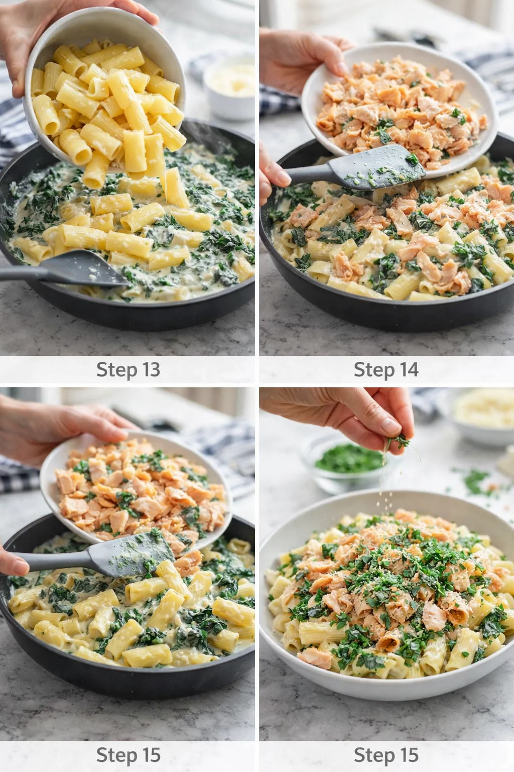 collage showing step-by-step creamy salmon pasta being prepared in a skillet with step captions.
