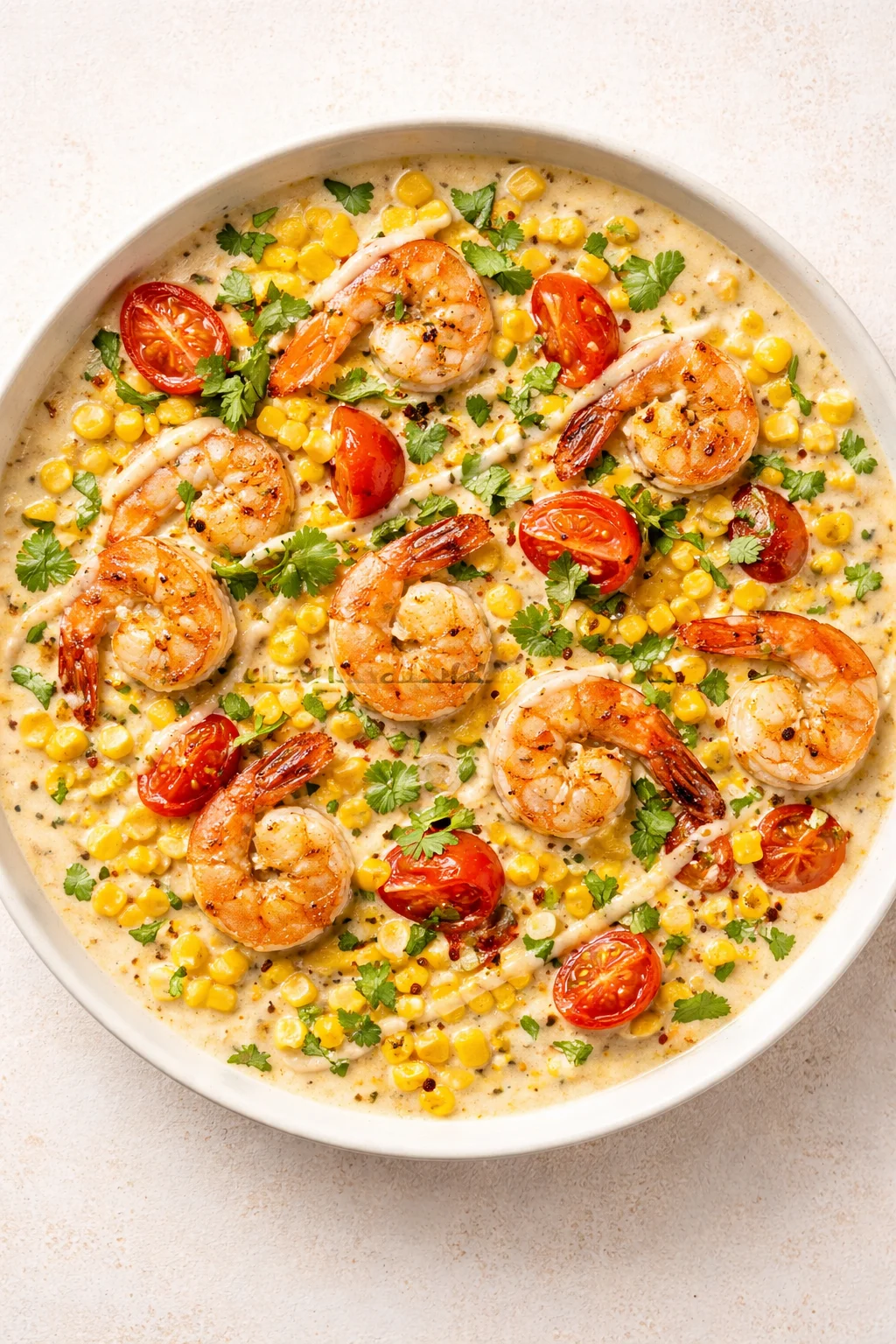 Plated bowl of creamy shrimp with corn, tomatoes, and parsley