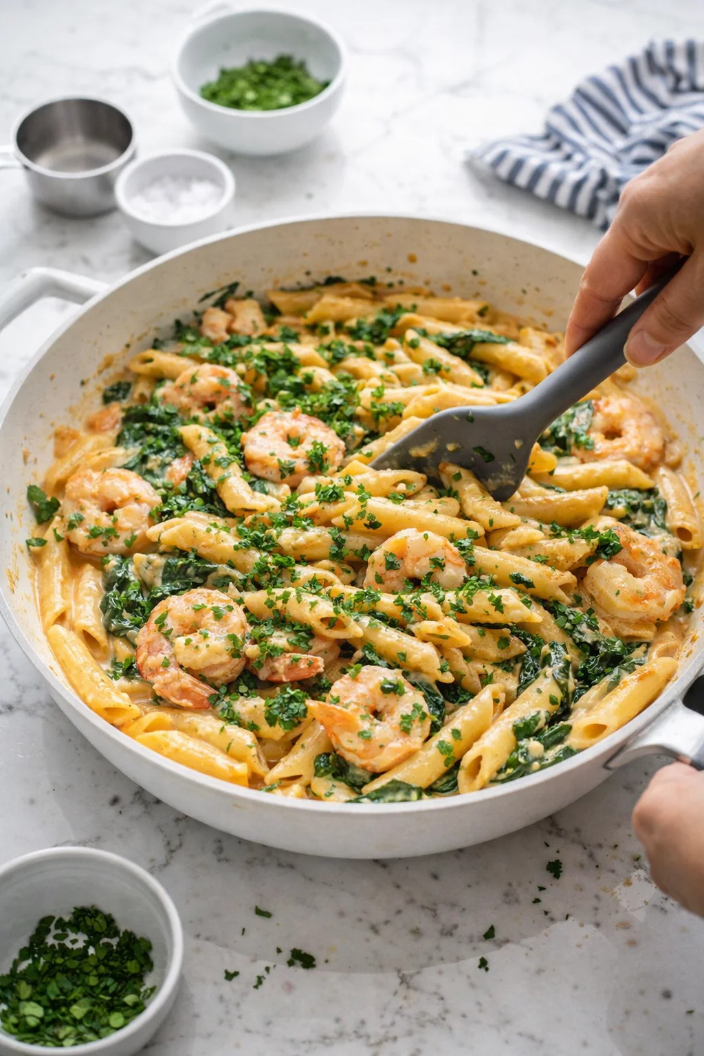 creamy shrimp pasta with penne and chopped parsley in a white skillet on a marble countertop