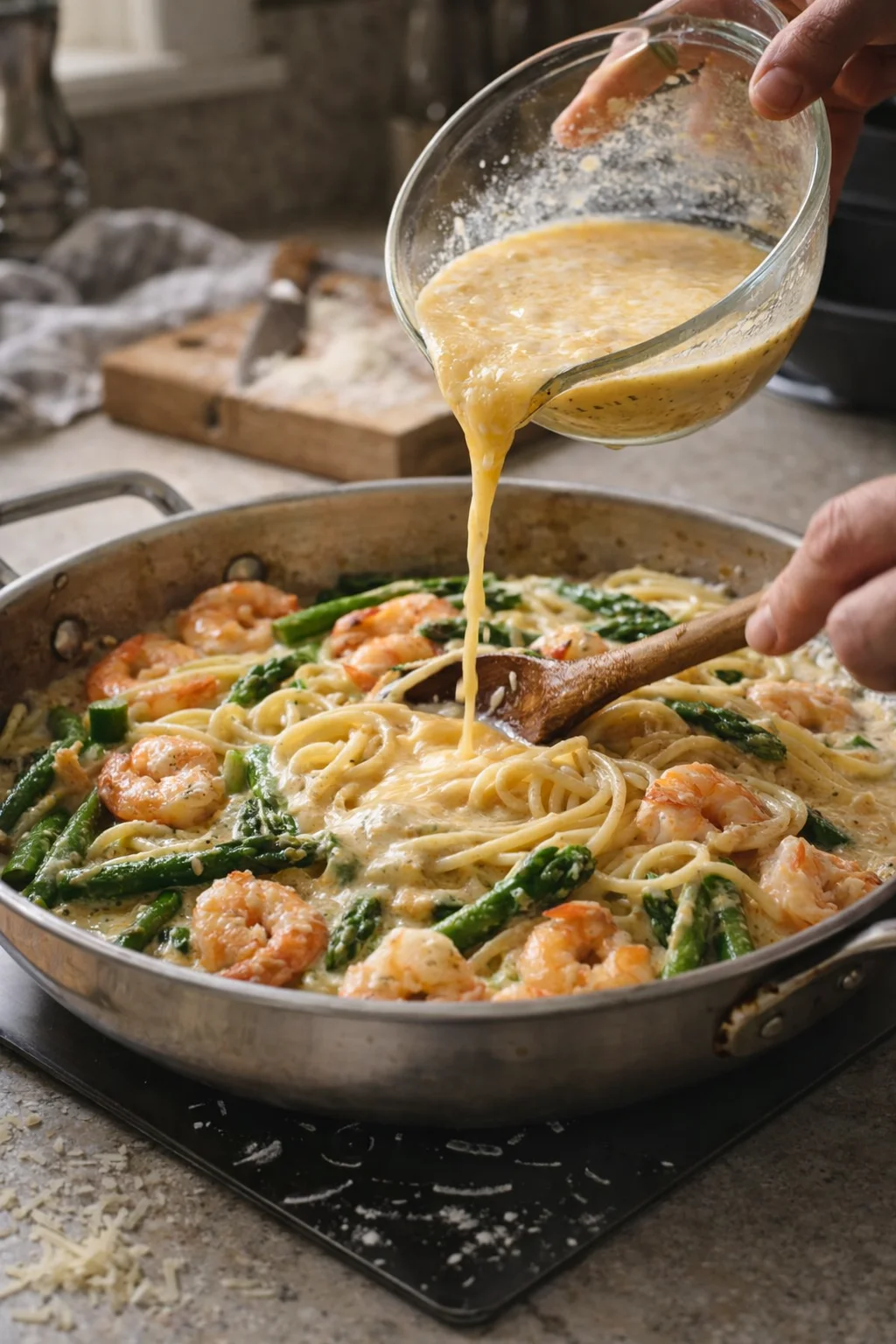 Creamy shrimp pasta with asparagus in a skillet; sauce pours from a glass measuring cup.