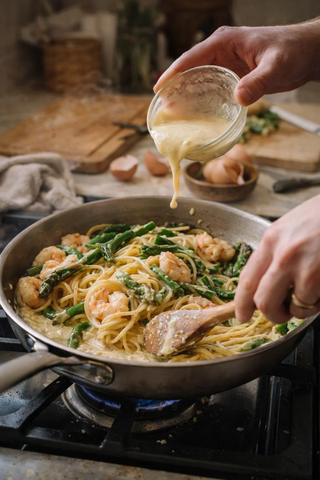 A cook pours creamy sauce from a jar into a skillet of shrimp, pasta, and asparagus on a stove.