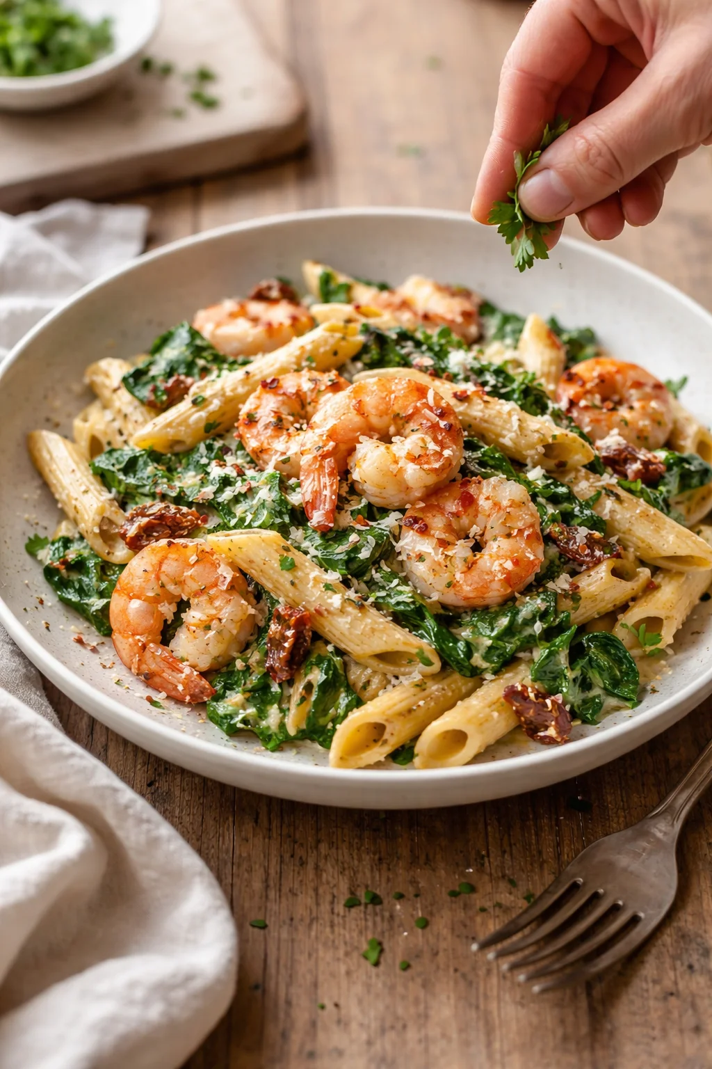 bowl of creamy shrimp pasta with kale, garnished with parsley on wood
