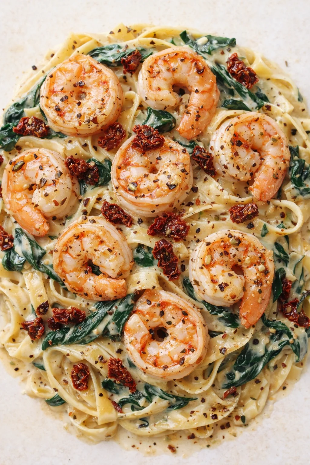 Creamy shrimp pasta with spinach, sun-dried tomatoes, and red pepper flakes.