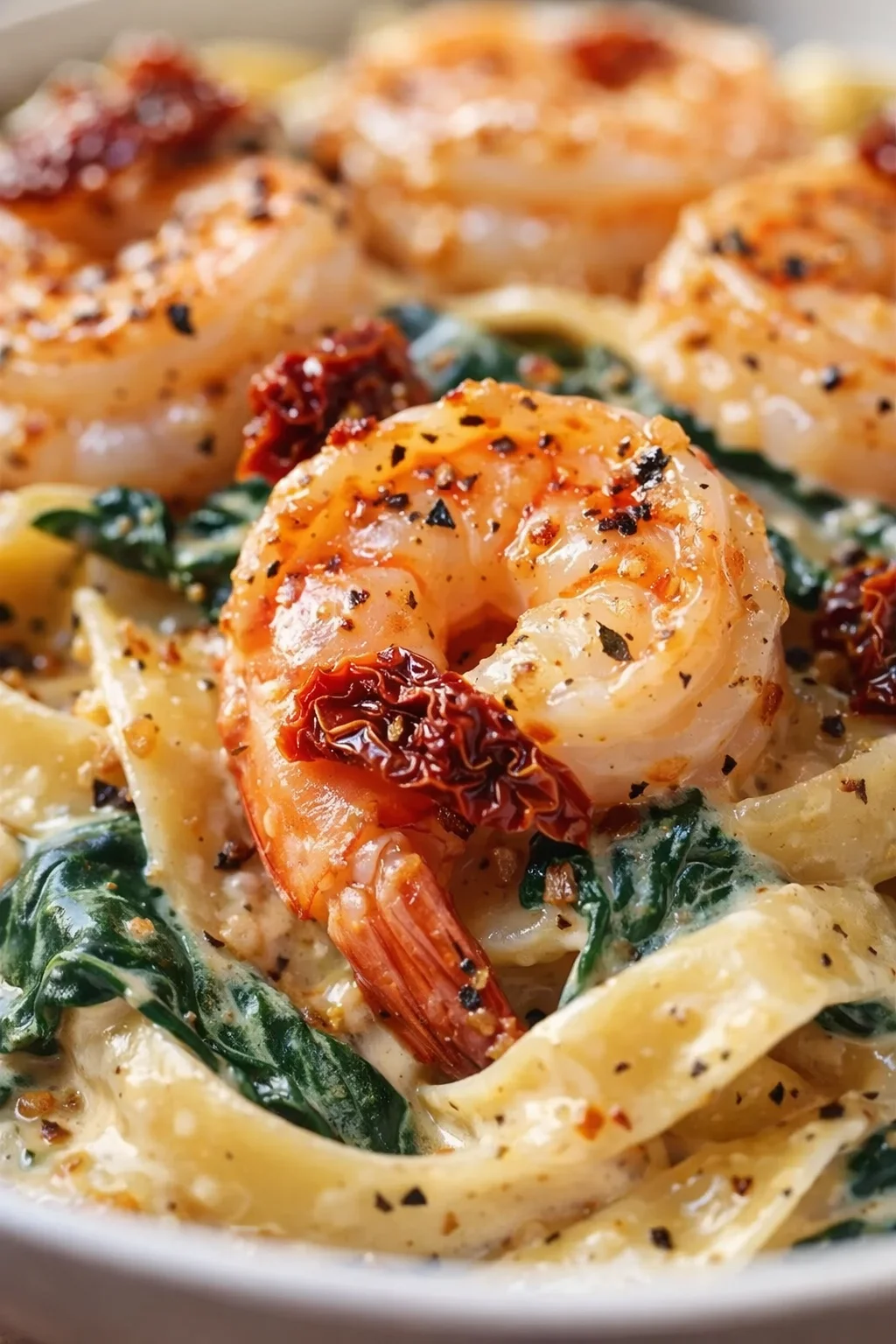 close-up of creamy shrimp pasta with spinach and sun-dried tomatoes.