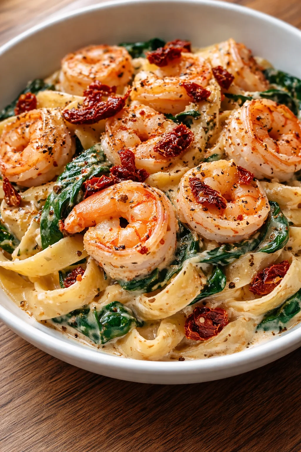 Creamy shrimp pasta with wilted spinach and sun-dried tomatoes in a white bowl.