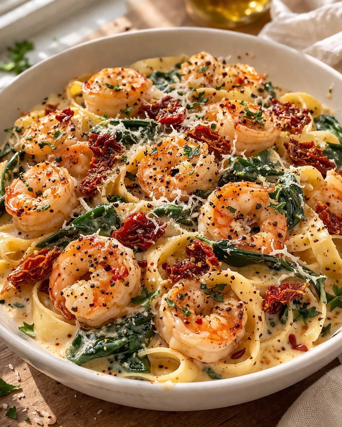 Creamy shrimp pasta with spinach and sun-dried tomatoes in a white bowl.