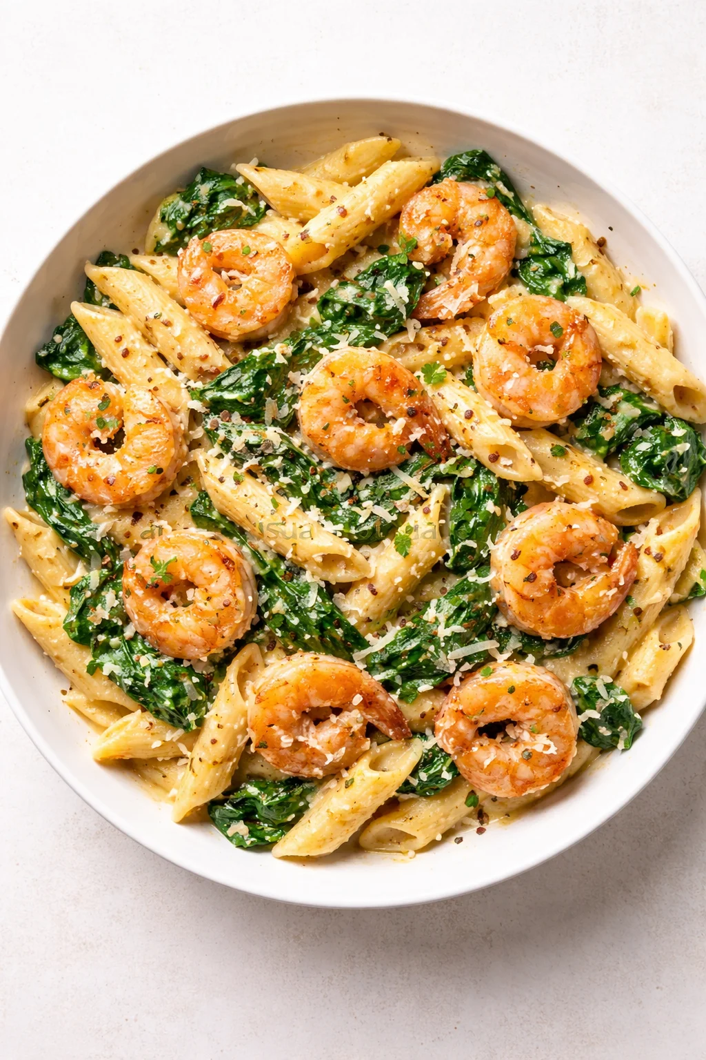 Round white bowl of creamy shrimp penne with spinach, topped with parmesan