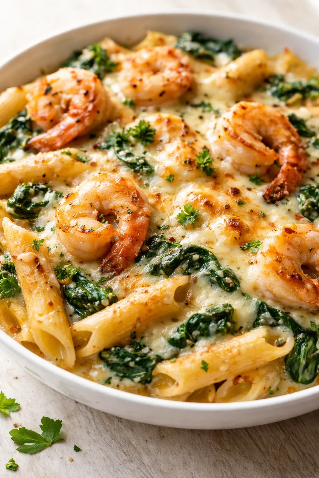 creamy shrimp and spinach penne pasta in a white bowl