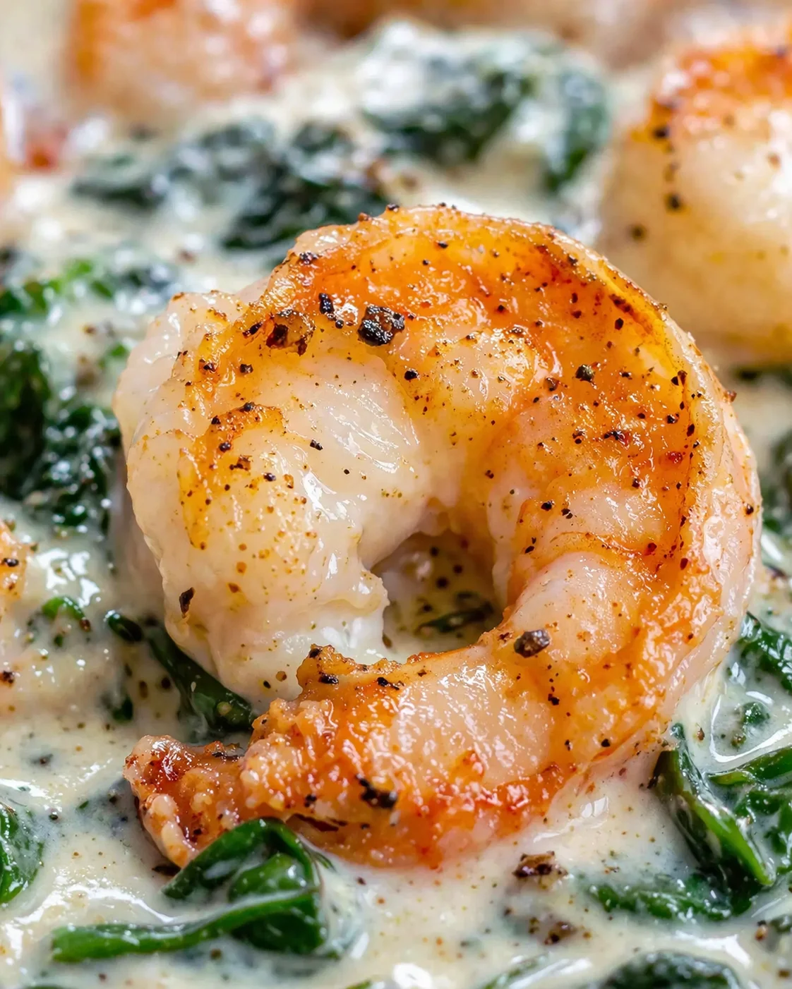 close-up of shrimp in creamy spinach sauce with herbs