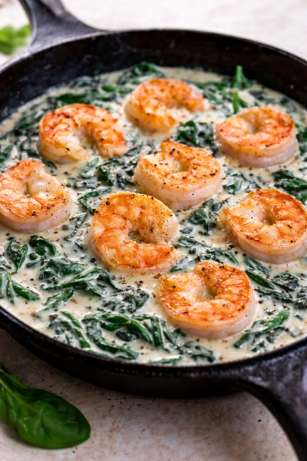 Shrimp in creamy spinach sauce arranged in a cast-iron skillet.