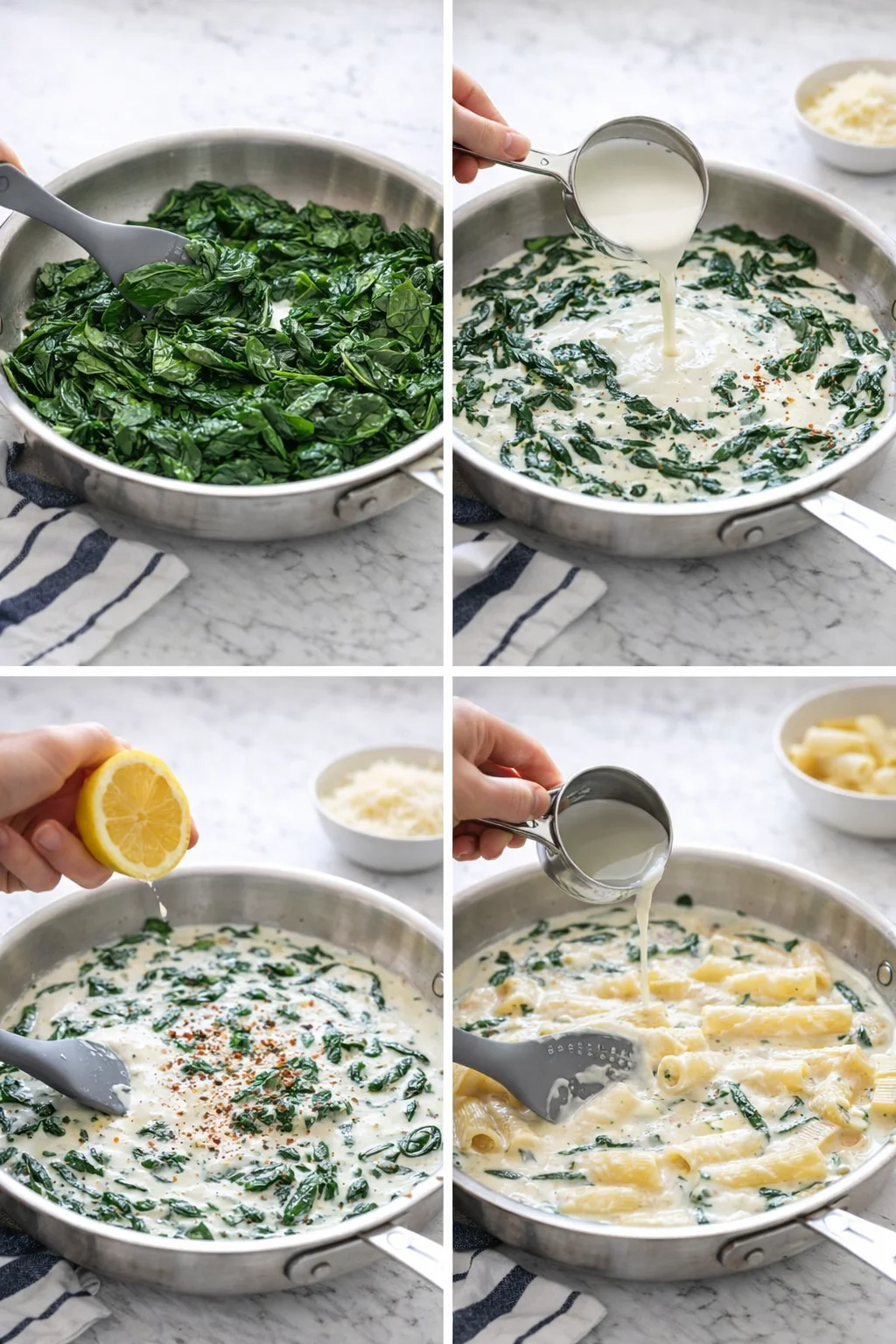 collage of four panels showing spinach being simmered, cream poured, lemon squeezed over, and pasta added to a skillet