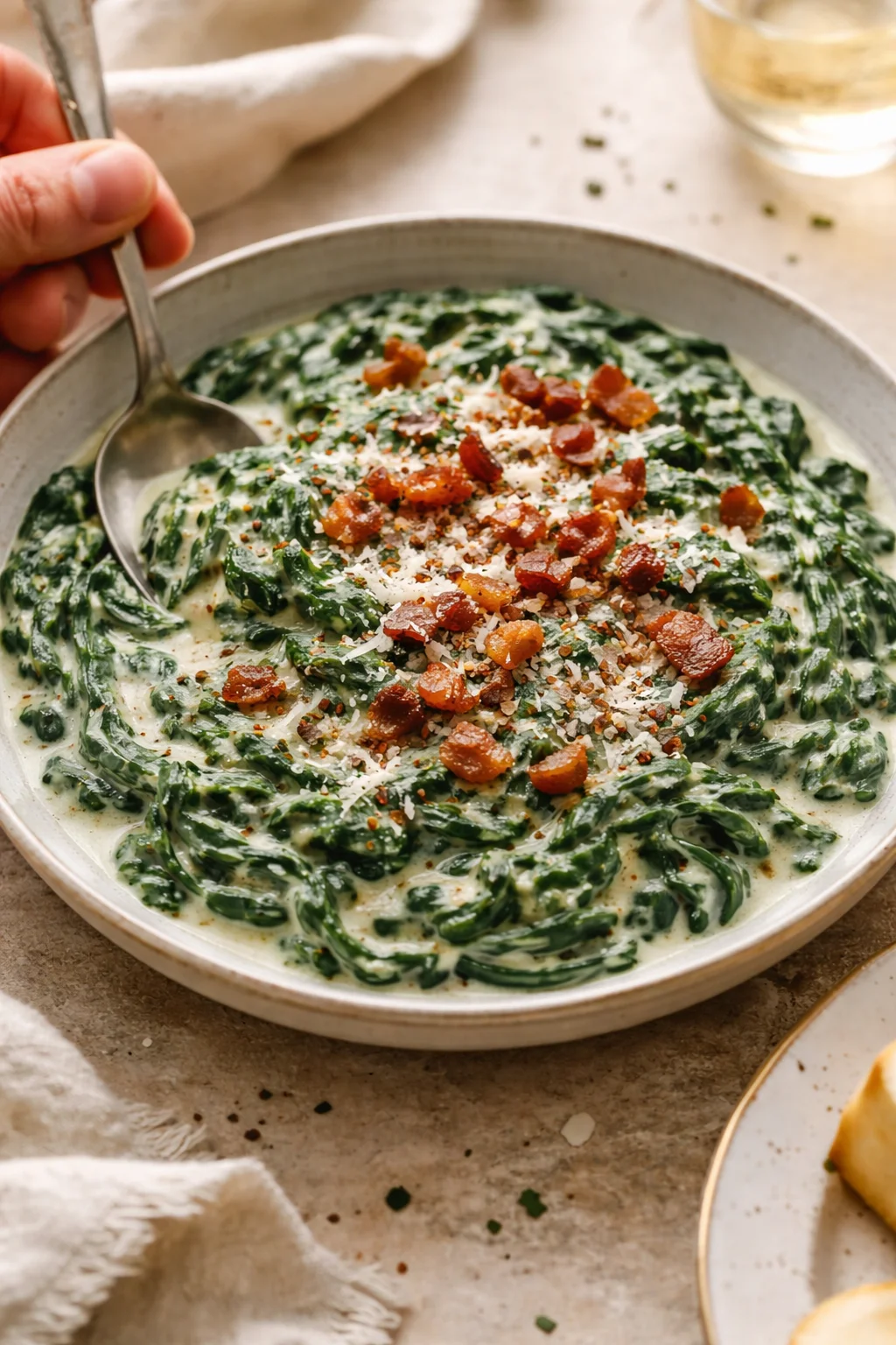 creamy spinach pasta in a shallow bowl topped with crispy bacon bits