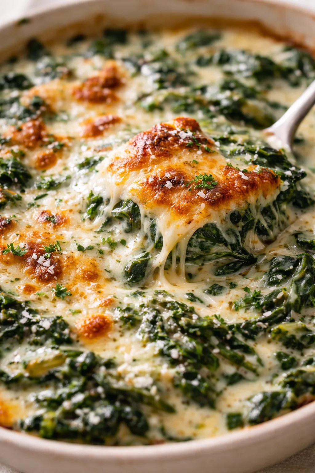 Close-up of bubbling creamy spinach bake with a golden cheese crust in a ceramic dish.