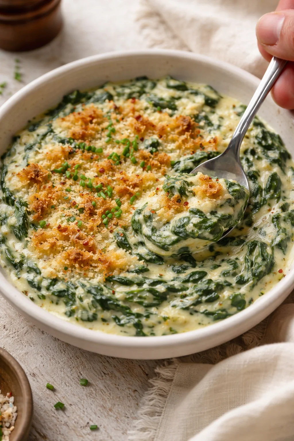 Creamy spinach and cheese bake in a white bowl, topped with golden breadcrumbs and green herbs.