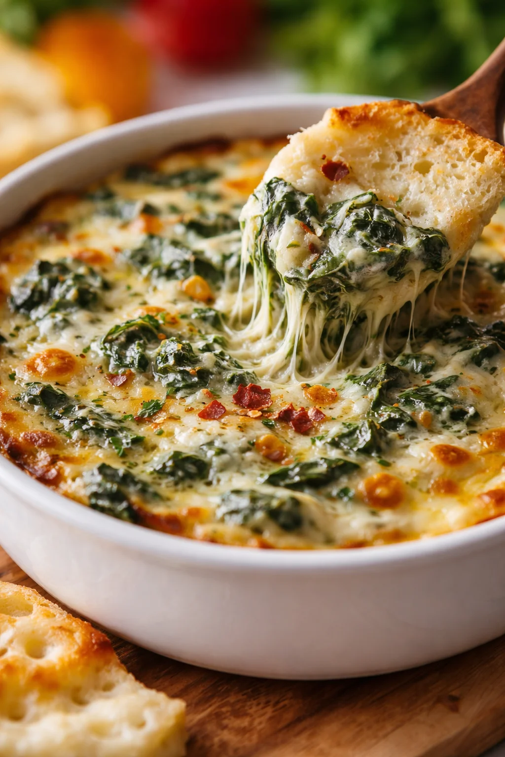 creamy spinach-cheese bake in a white dish with bread for dipping, golden crust and stringy cheese