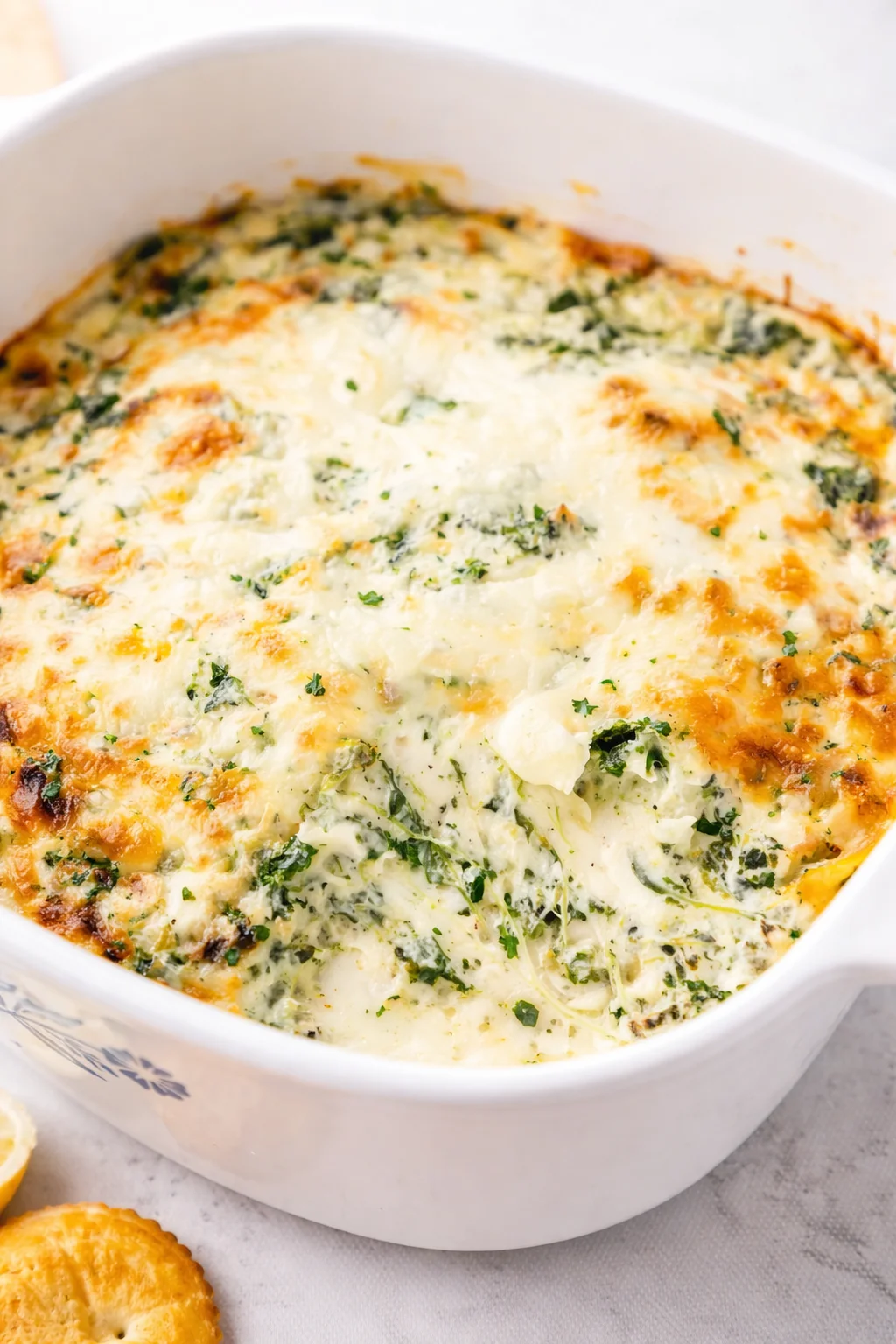 bubbly cheesy spinach bake in a white casserole with a golden top