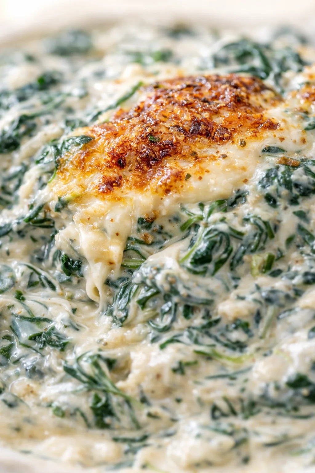 Close-up of a creamy spinach-cheese bake topped with a golden-brown crust.