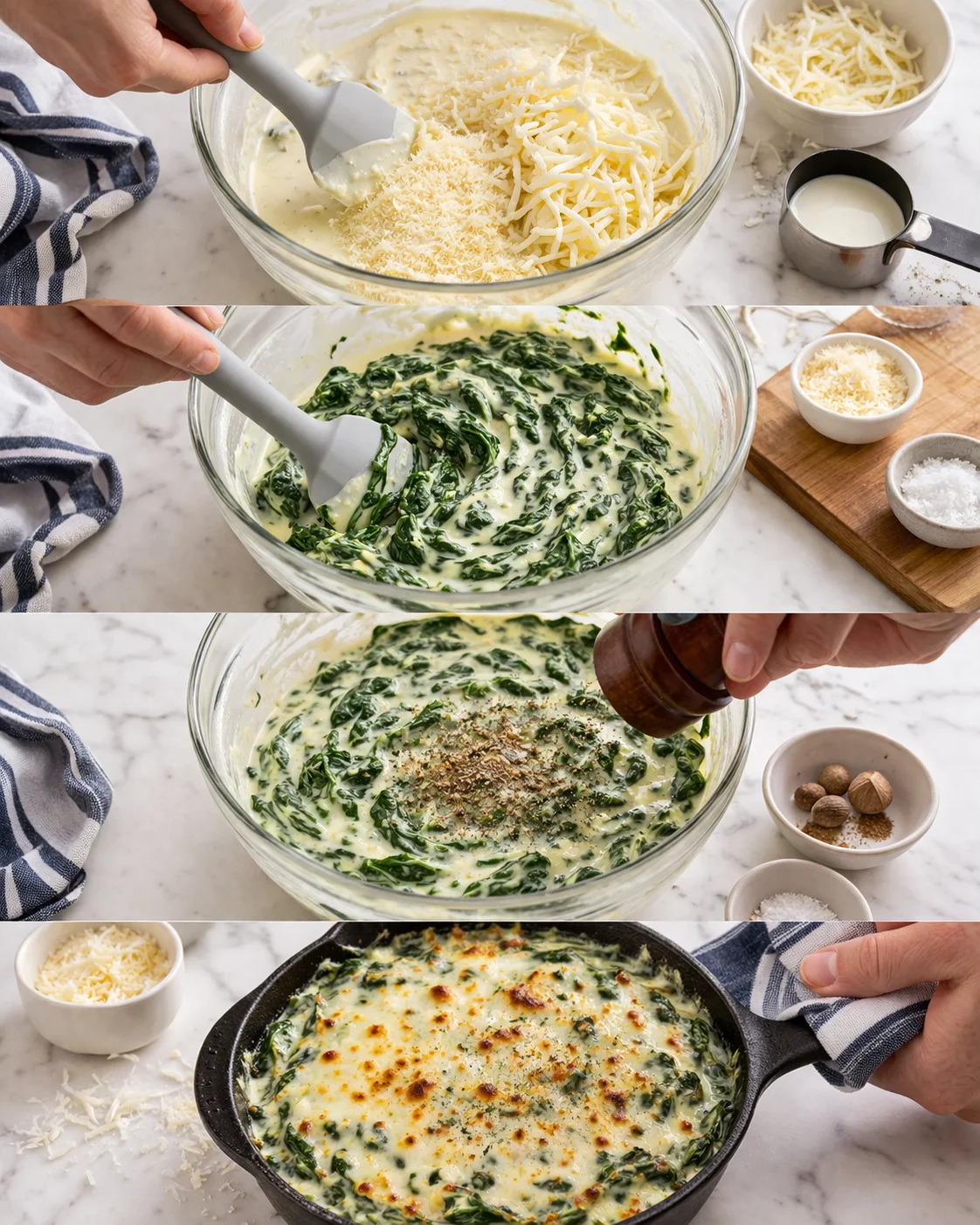 Step-by-step montage of creamy spinach cheese bake from mixing to browned skillet.