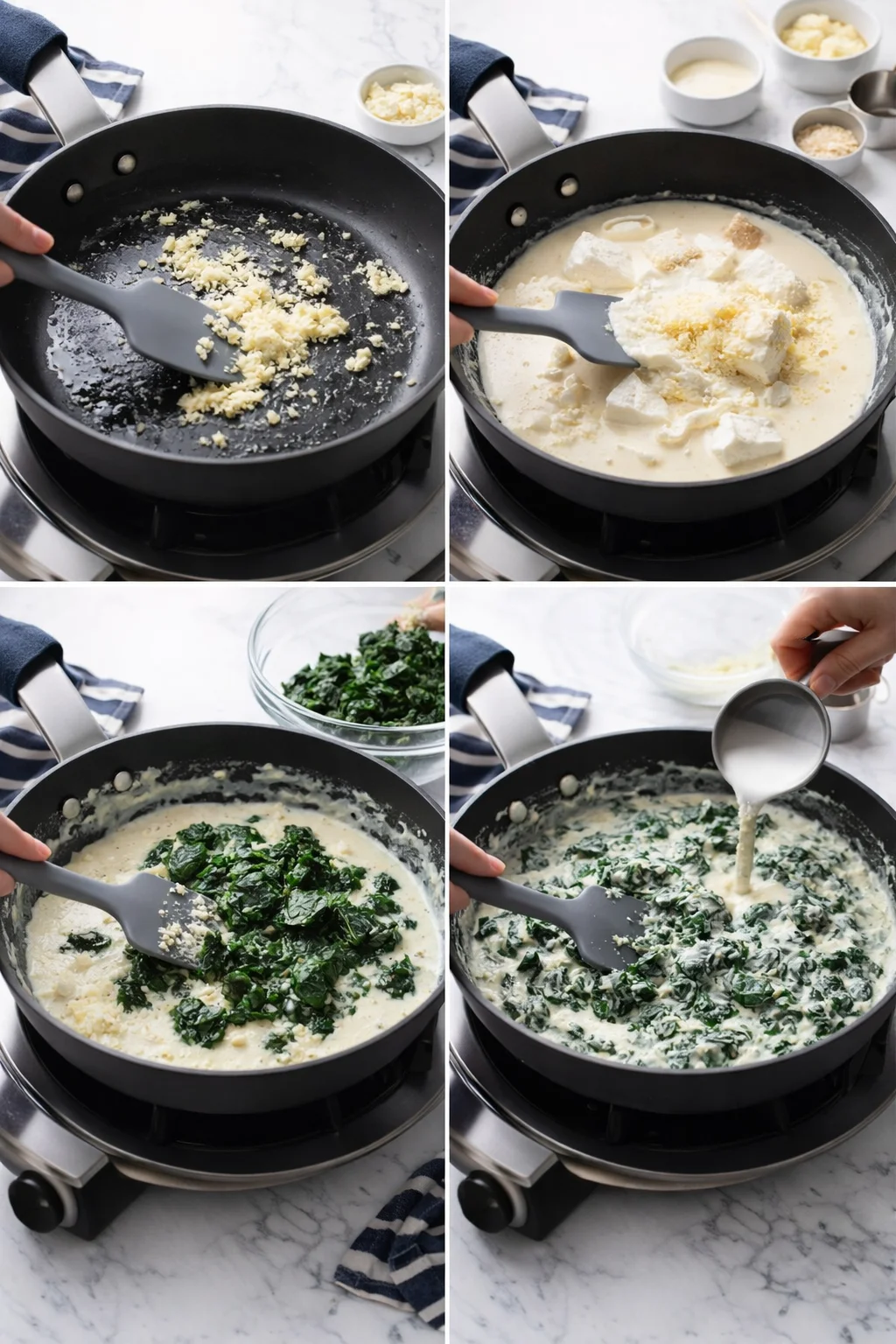 four-panel collage: garlic butter in a skillet, cream and cheese, then spinach in a creamy sauce.