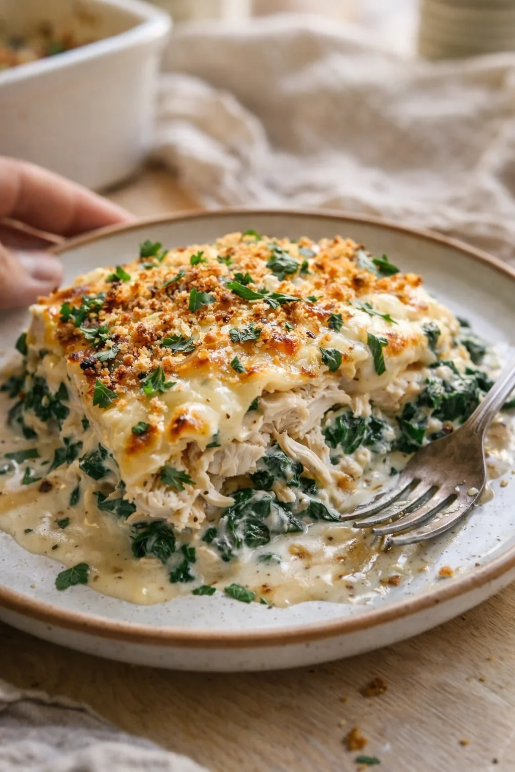 creamy spinach chicken bake on a beige-rim plate topped with parsley and crispy crumbs