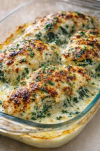 golden-brown chicken breasts topped with melted cheese in creamy spinach sauce in a glass dish.