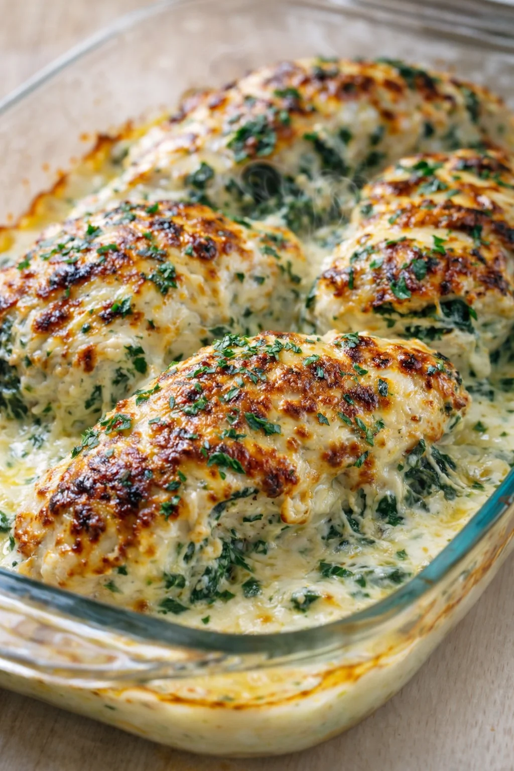 golden-brown chicken breasts topped with melted cheese in creamy spinach sauce in a glass dish.
