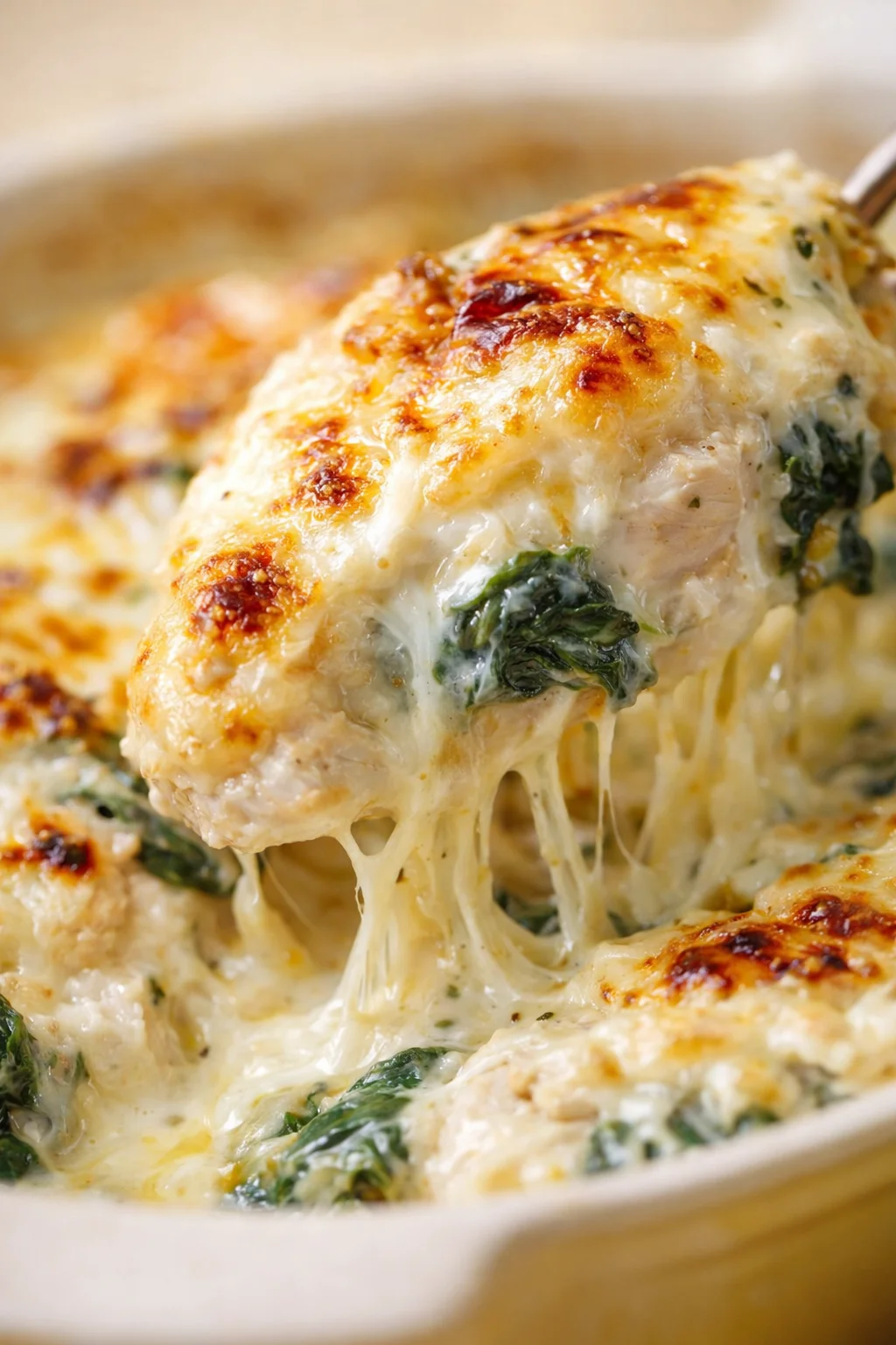 Close-up of creamy spinach chicken bake with melted cheese in a skillet.