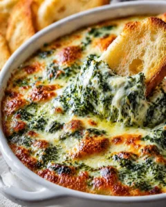 baked spinach dip with melted cheese in a white dish and crusty bread for dipping.
