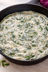 Cast-iron skillet filled with creamy spinach dip, bright green spinach leaves swirled in thick white sauce.