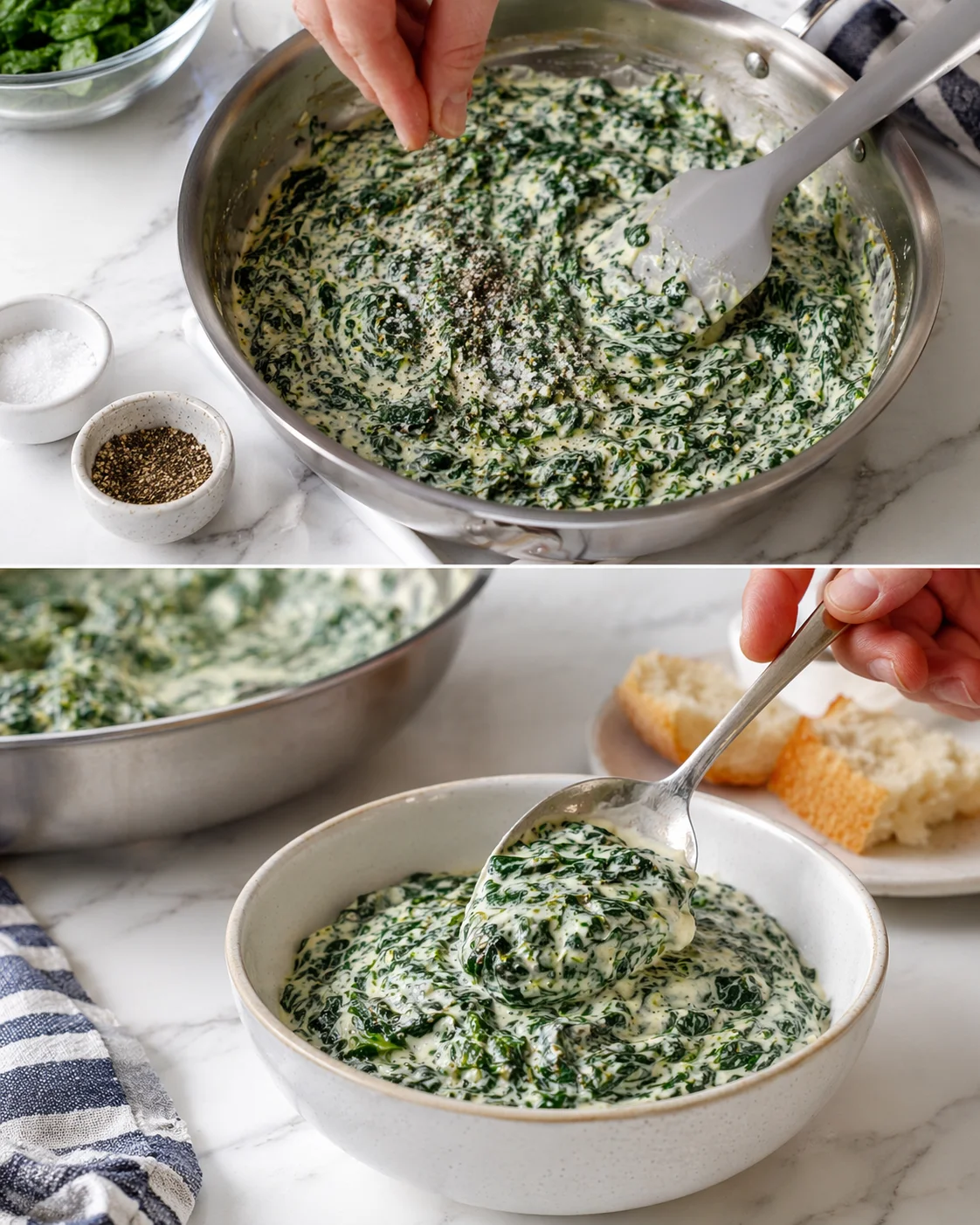 two-panel collage showing preparation and serving of a creamy spinach and cheese dip