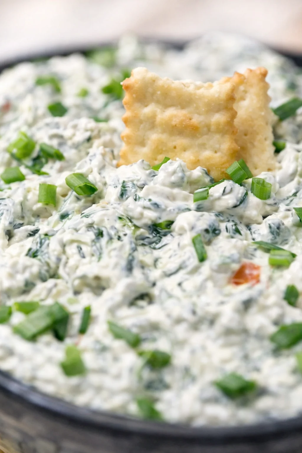 Creamy spinach dip with green onions and a cracker in a dark bowl.