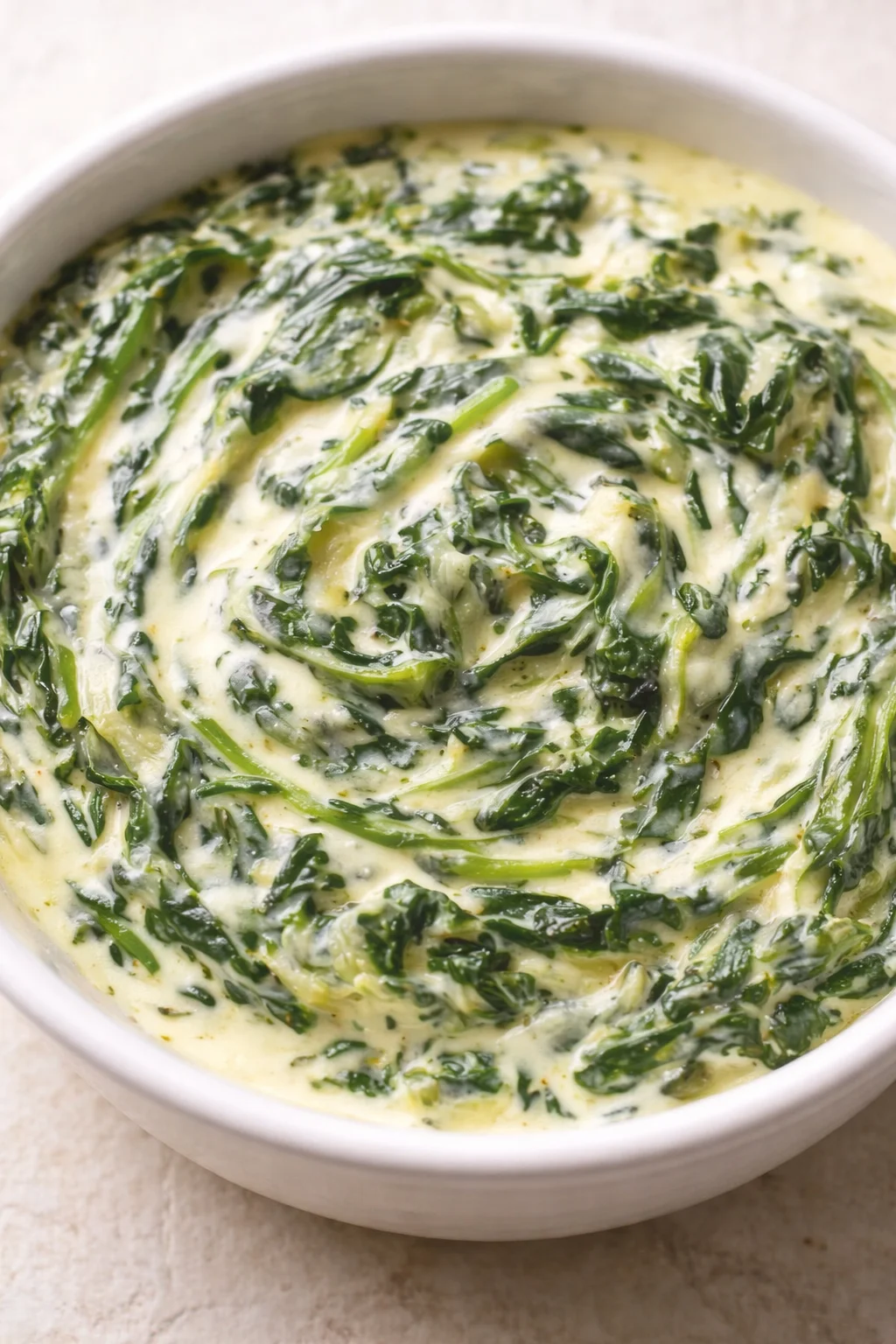 Creamy spinach dish in a white bowl with wilted green spinach leaves.
