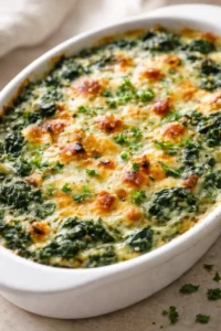 Cheesy spinach gratin in a white baking dish with parsley garnish