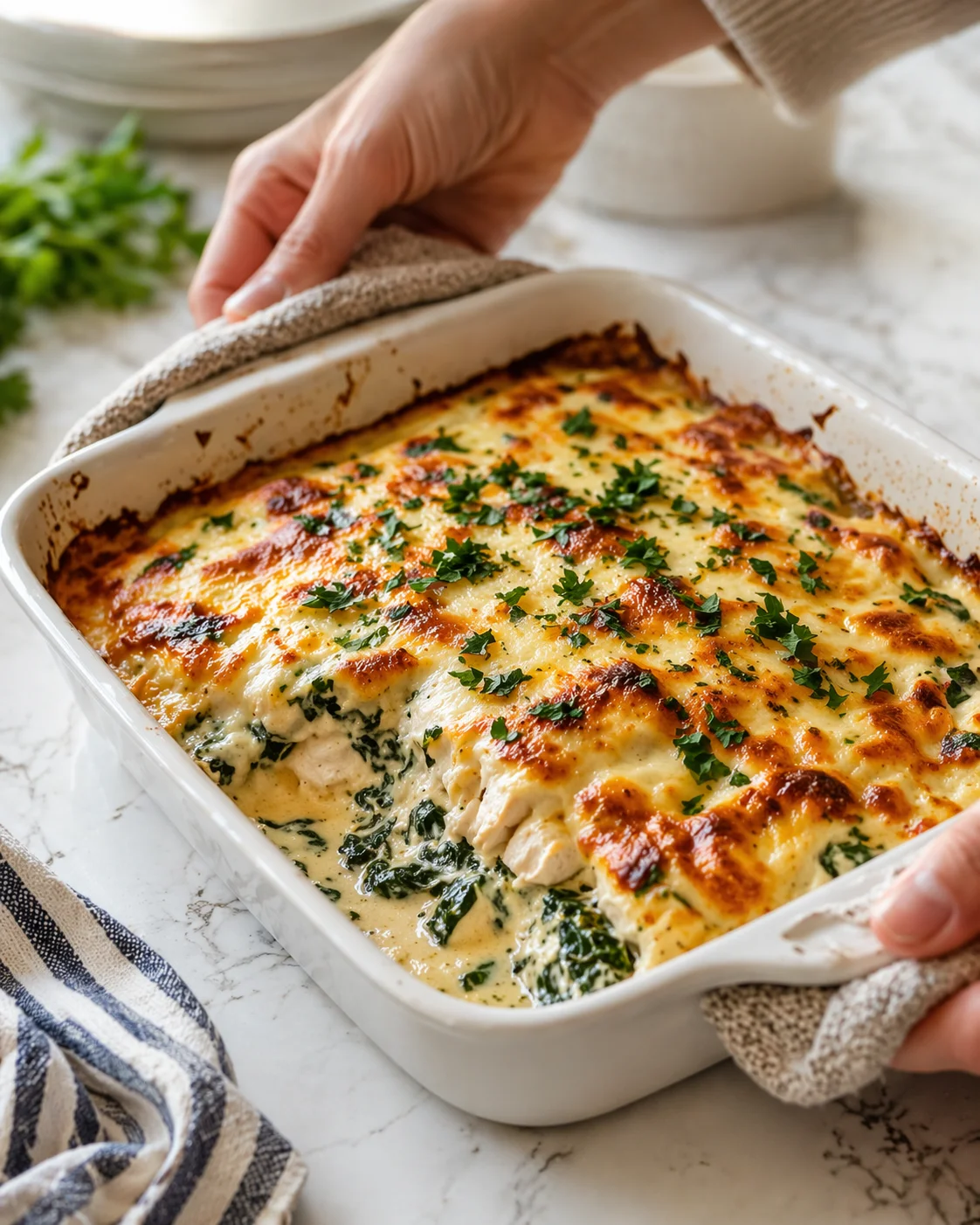 baked spinach lasagna in a white dish with golden cheese topping and parsley