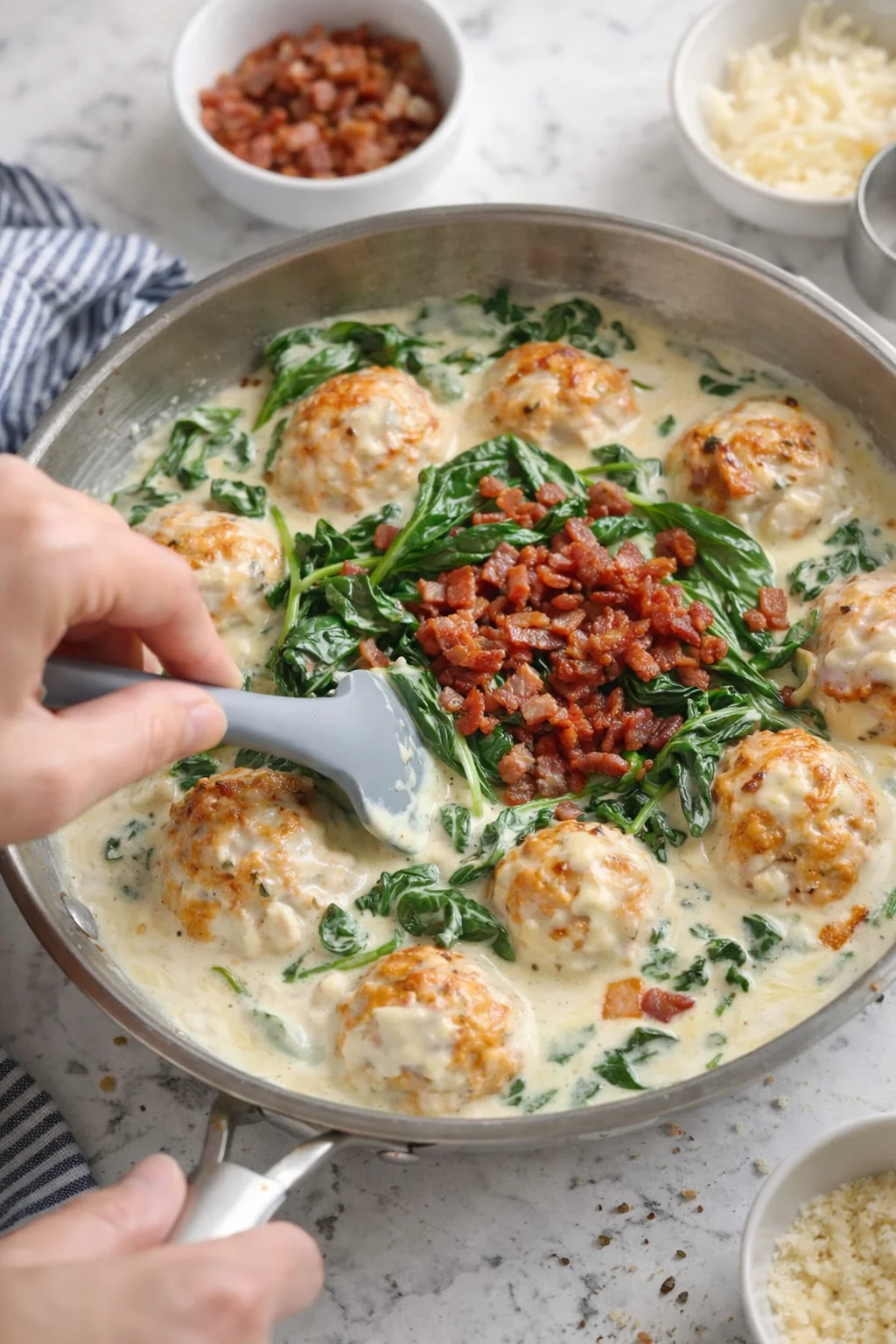 hand-stirring creamy spinach meatballs in a skillet with crispy bacon topping