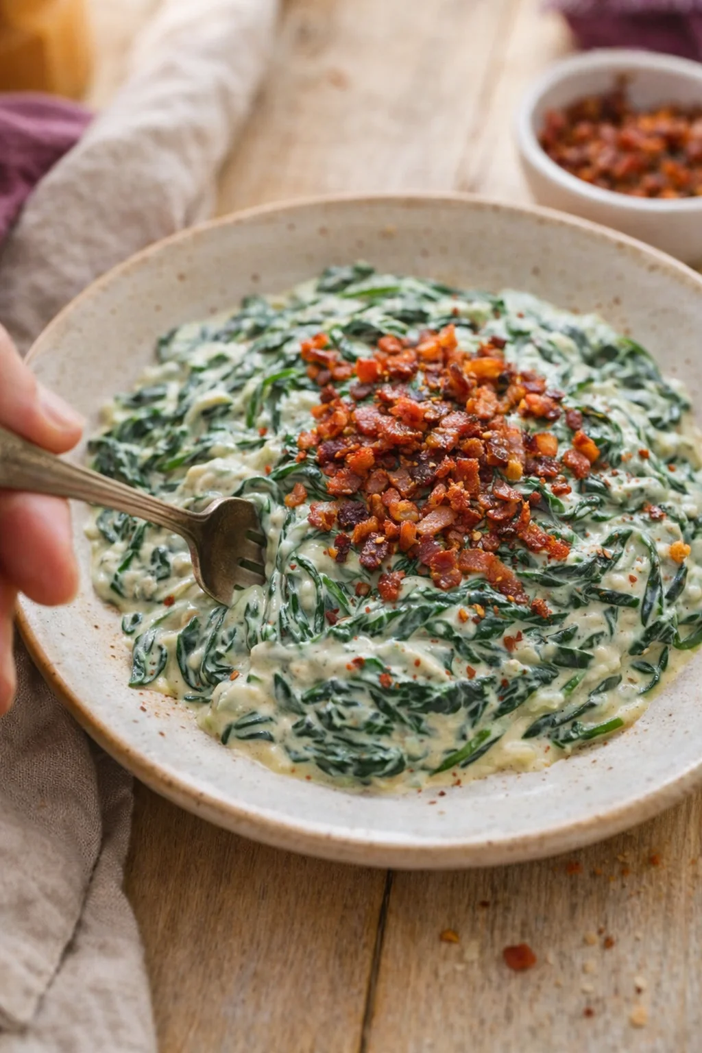 Creamy spinach pasta topped with crispy bacon in a beige bowl on a wooden table.