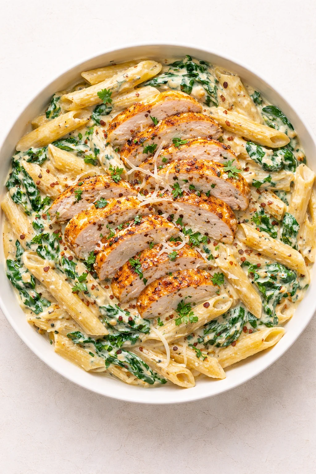 Creamy spinach pasta in a white bowl topped with sliced roasted chicken and parmesan