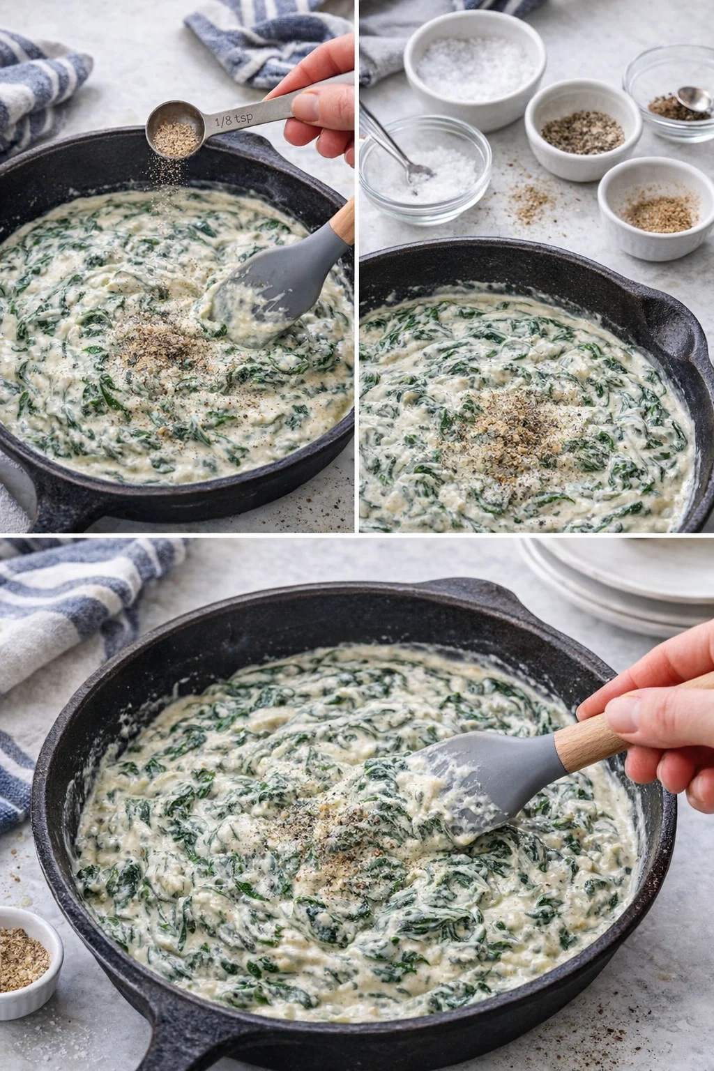 Cast-iron skillet with creamy spinach sauce, sprinkled with spices while hands stir.