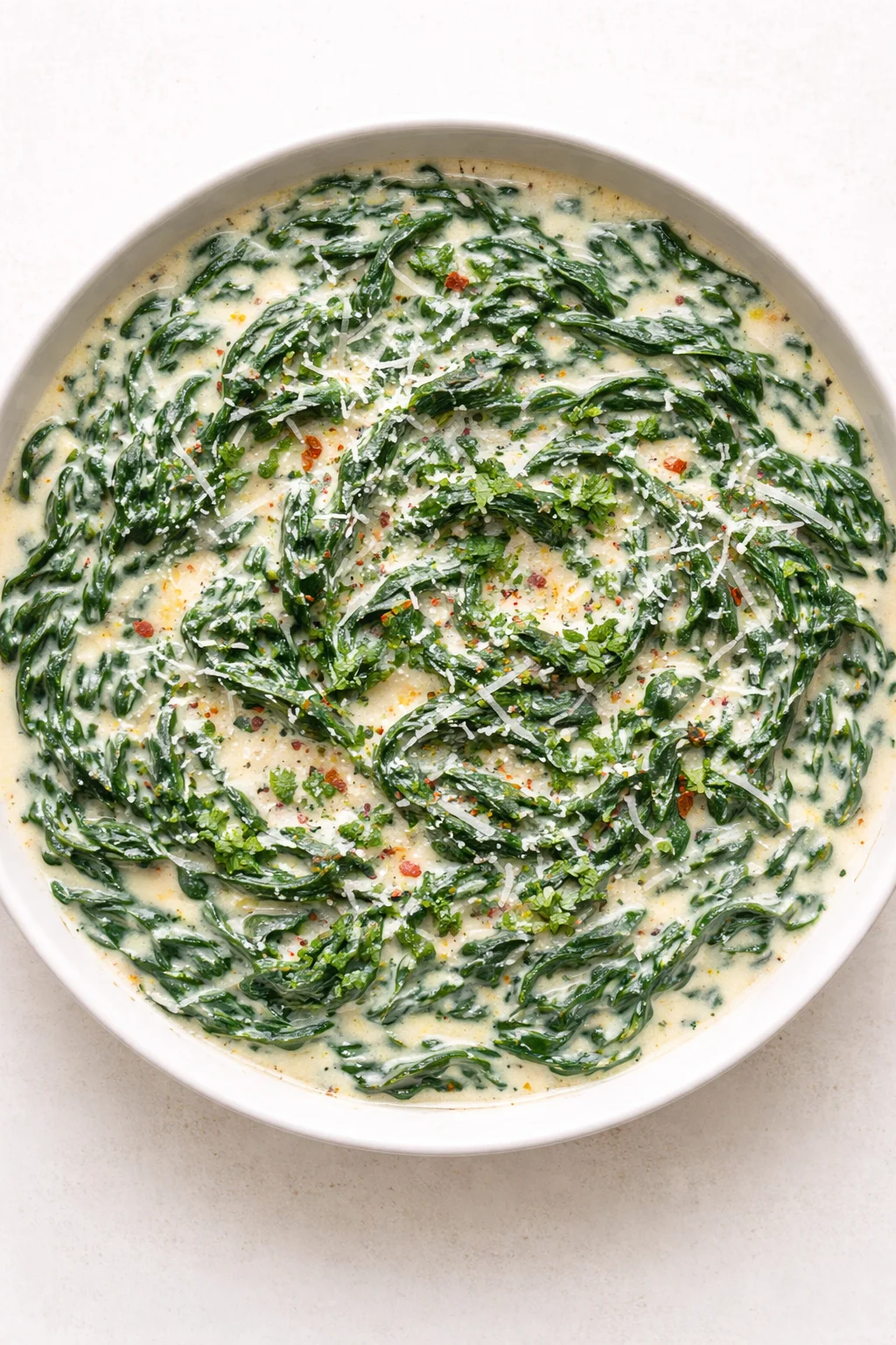 white bowl of creamy spinach sauce with wilted greens and grated parmesan