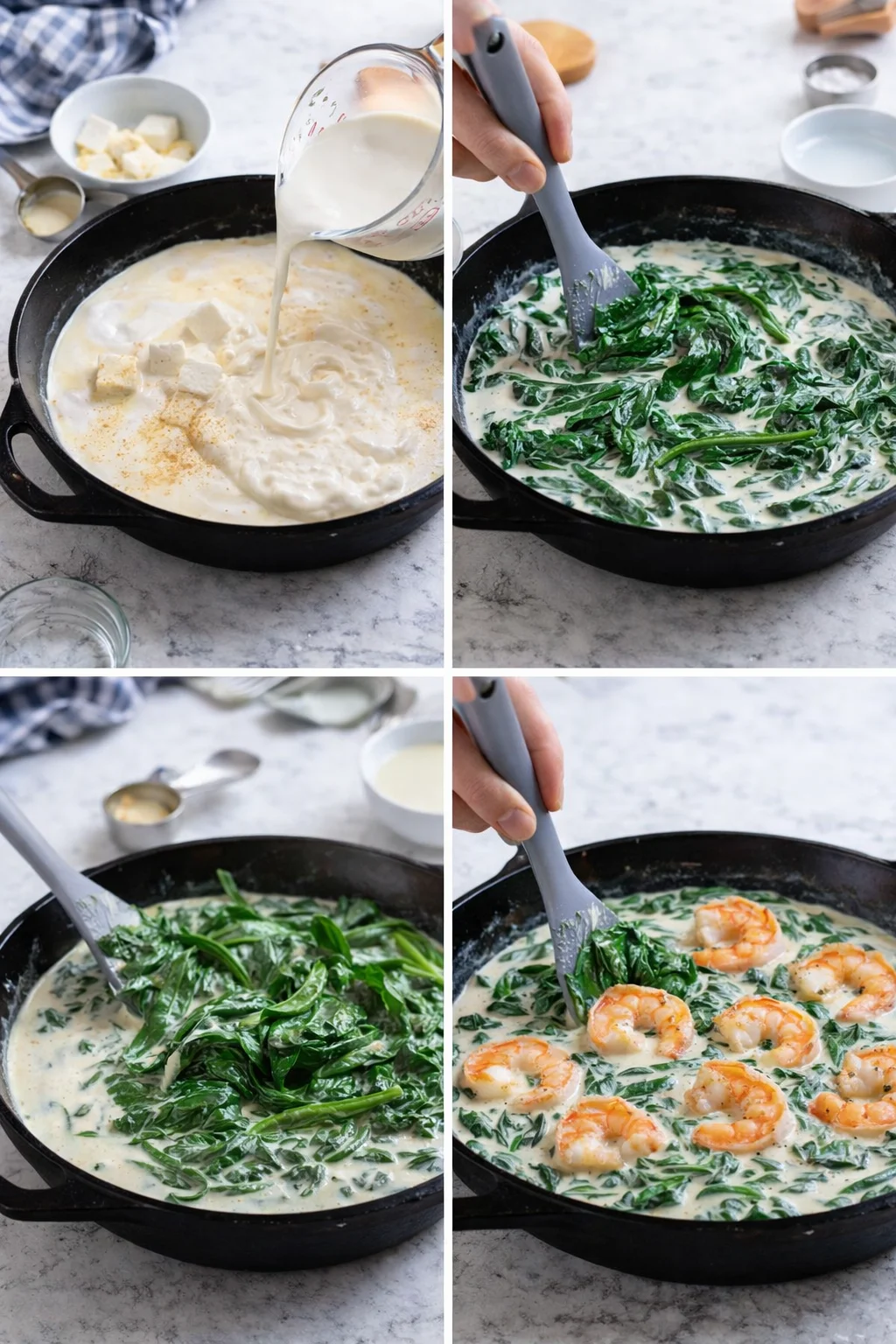 four-panel collage showing pouring cream, stirring spinach, and adding shrimp to creamy sauce.