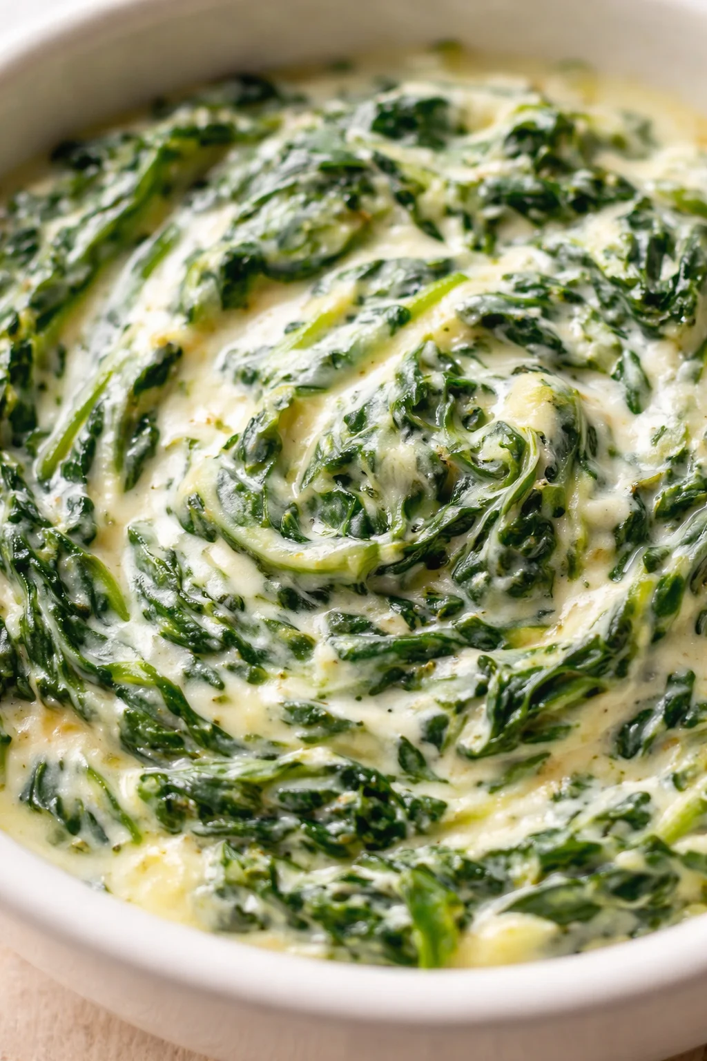 close-up of wilted spinach in a creamy white sauce in a white pan