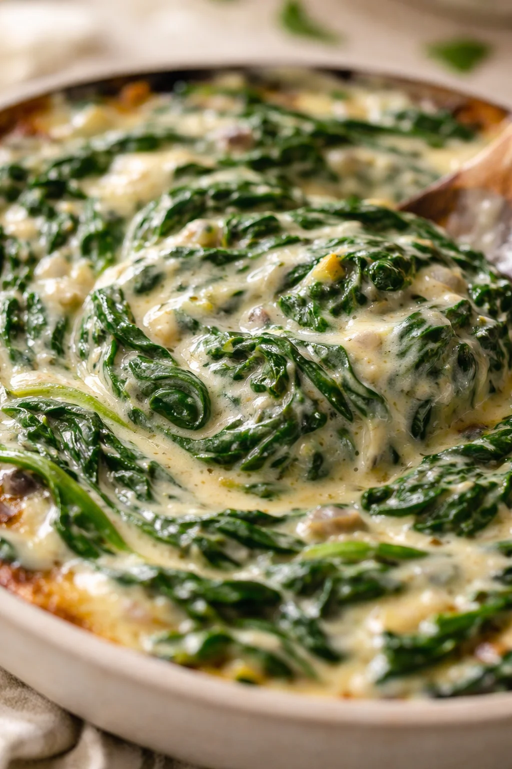 Creamy spinach and cheese swirls in a white skillet, with golden edges.