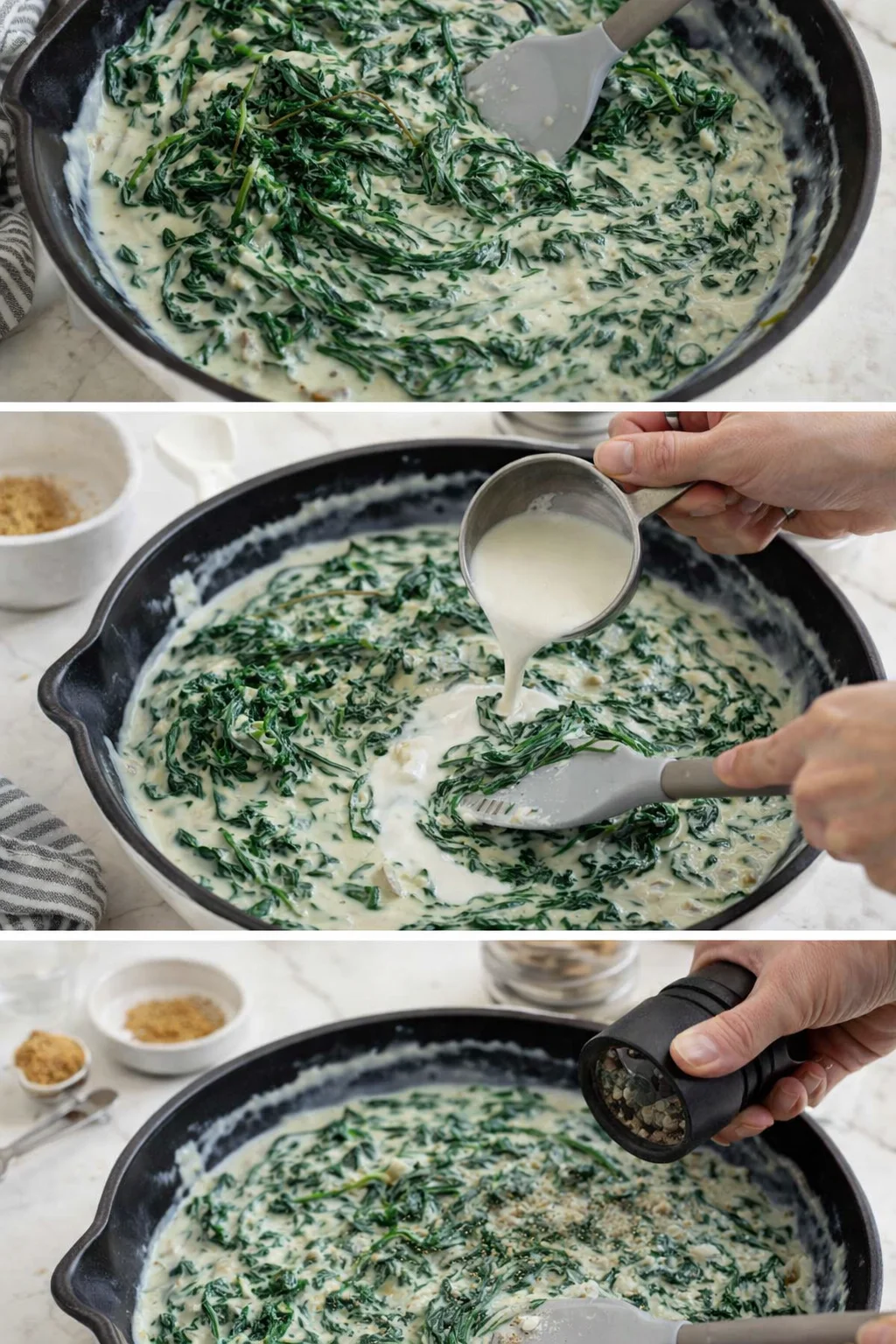 three-panel collage showing creamed spinach being prepared in a black skillet