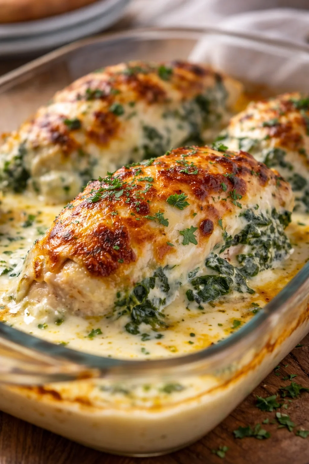 Three spinach-stuffed chicken breasts with melted cheese in a creamy sauce in a glass baking dish.