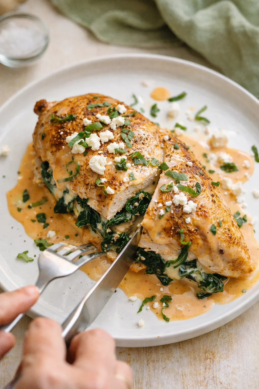 golden-brown stuffed chicken breast with spinach, crumbled cheese, and orange cream sauce on a white plate